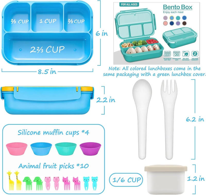 QQKO Bento Lunch Box for Kids Girls Boys, Toddler Kids Lunch Boxes for School, Lunch Containers for Adults with 4 Compartments, Sauce Container, Utensils, Food Picks and Muffin Cups, Blue - Image 2